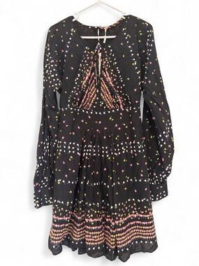 Free People Black Multicolor Dot & Stripe Tie-Neck Dress